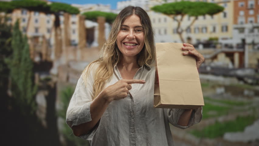 Middleaged woman holding a brown paper bag pointing to teeth and smiling in front of ancient ruins on a street; joyful confidence.