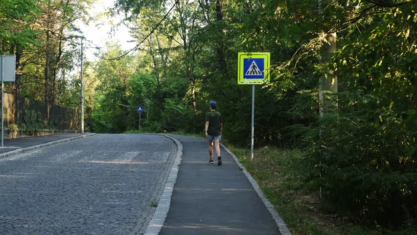 A short-haired woman walks toward the crosswalk on a quiet street bordered by greenery. The scene captures a simple everyday moment with natural summer light