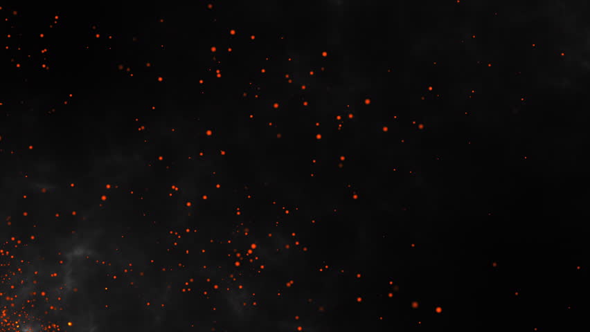 Glowing fire sparks and burning embers flying in a dark smoke background. Hot fire particles and ashes rising with the wind on a night sky. Abstract fire background, bonfire heat and haze. 4k