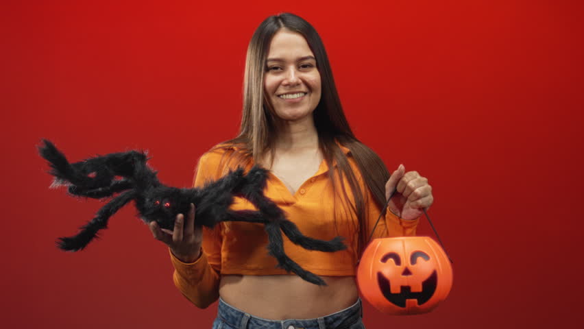 Woman holds a large fuzzy black spider and an orange pumpkin bucket, smiling and posing in a red studio backdrop while wearing an orange top and jeans; playful celebration.