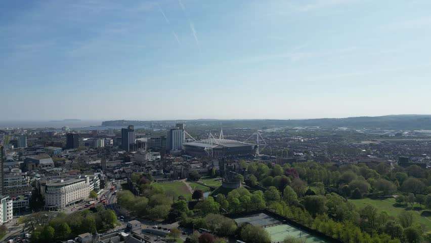 4K Aerial View of Cardiff Castle in Central Cardiff, Wales	
