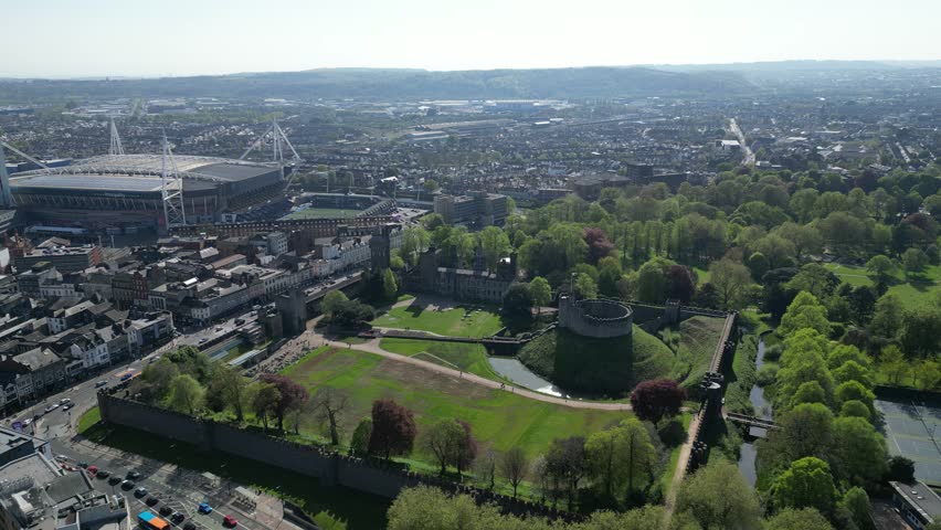 4K Aerial View of Cardiff Castle in Central Cardiff, Wales	
