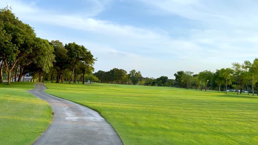 Scenic golf course view, green fairway, tree lined path, daylight.