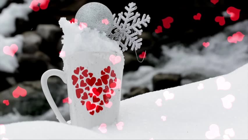 A romantic animation featuring pink hearts floating upward from melting ice cubes resting on a coffee cup, set against a softly flowing river background. Perfect for Valentine’s Day, love stories, emotional greetings, and warm beverage promotions.