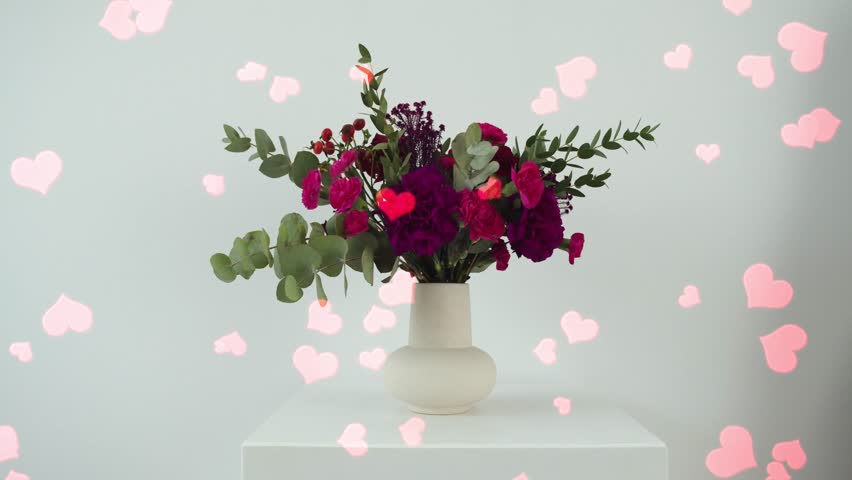 Romantic seamless animation of a glass vase with red roses being lifted from and placed back onto a table, while glowing red hearts float upward from above in a dreamy Valentine’s Day atmosphere.