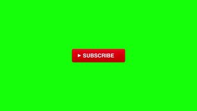 A vibrant red rectangular button with the word "SUBSCRIBE" in white capital letters and a white play icon to the left, positioned centrally against a bright green chroma key background, suitable for video calls to action. - Powered by Shutterstock - Get 15% off with code: PIKWIZARD15