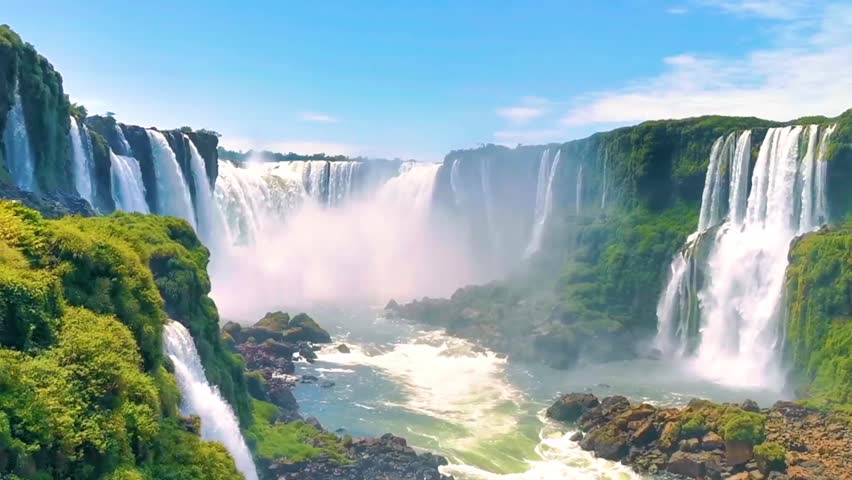 Foz do Iguacu Iguazu Falls waterfall fall waterfalls cascade cascades in tropical nature rainforest panorama view with blue sky and turquoise green water in Parana Brazil and Misiones Argentina.