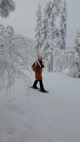 Experience the tranquility of Akaslompolo as a lone traveler explores a winter wonderland in snow shoes. Surrounded by snow-laden trees and a pristine white landscape, adventure beckons in Lapland.