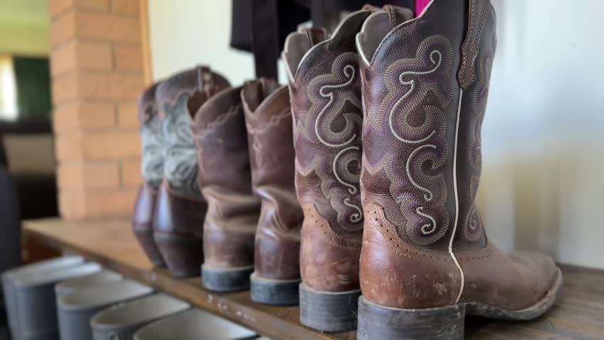 A row of weathered brown leather cowboy boots sits lined up on a rustic wooden shelf inside an Australian farmhouse, showcasing the worn character and decorative stitching of well-loved country footwear.