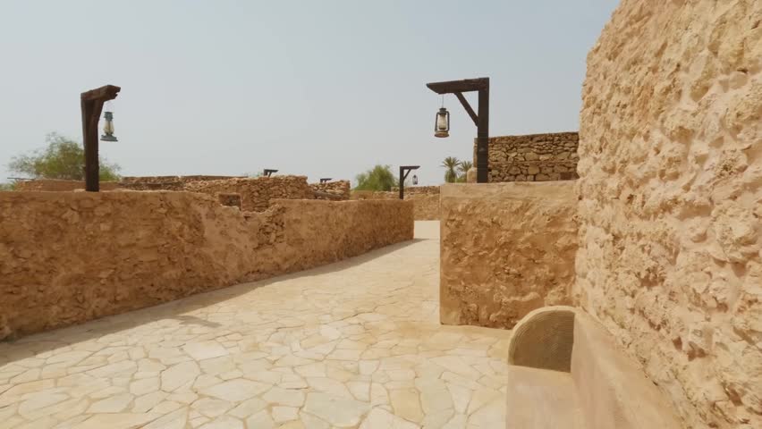 Heritage stone pathway with vintage lanterns and ancient house entrance