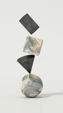 Seamless loop of rotating marble and stone geometric shapes floating in balance, abstract minimal sculpture with sphere, pyramid, cube and cylinder, 3d animation.