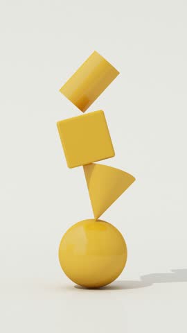 Seamless loop of rotating yellow geometric shapes floating in balance, abstract minimal sculpture with glossy sphere, pyramid, cube and cylinder, 3d animation.