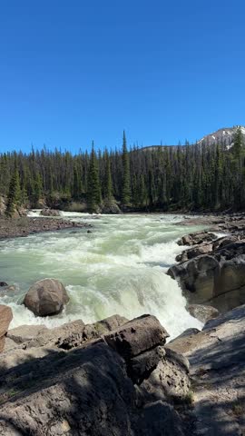 Sunwapta Falls showing powerful water flowing through a rocky canyon with mountains and forest in Jasper national park, Canada
