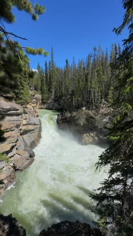 Sunwapta Falls showing powerful water flowing through a rocky canyon with mountains and forest in Jasper national park, Canada