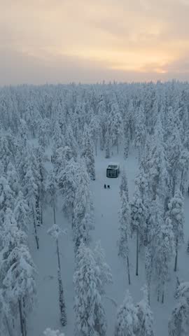 Explore the enchanting winter landscape of Akaslompolo in Lapland, Finland, where fluffy snow blankets tall trees. The calm atmosphere invites you to experience nature beauty.