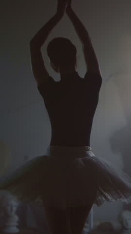 Ballet and classical choreography, graceful ballerina dancing, silhouette shot in darkness. Vertical video with professional female ballet dancer rehearsing and performing dance on stage of theatre