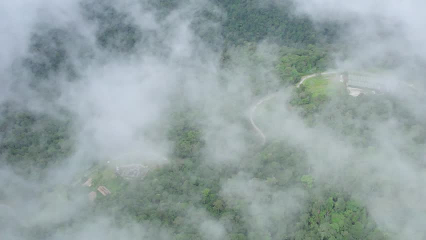 Misty highland landscape in Borneo, Malaysia, with dense rainforest, green hills, and tropical mountain scenery.