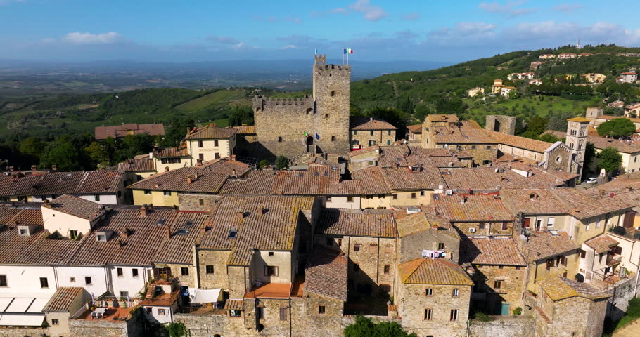 Rocca di Castellina Restored Historic Fortress In The Center Of Castellina In Chianti, Italy. Aerial Rotate Shot