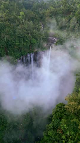 Aerial drone view of Tumpak Sewu waterfall in East Java, Indonesia. Cinematic top-down shot with dense jungle and thick mist creating a dramatic tropical atmosphere.