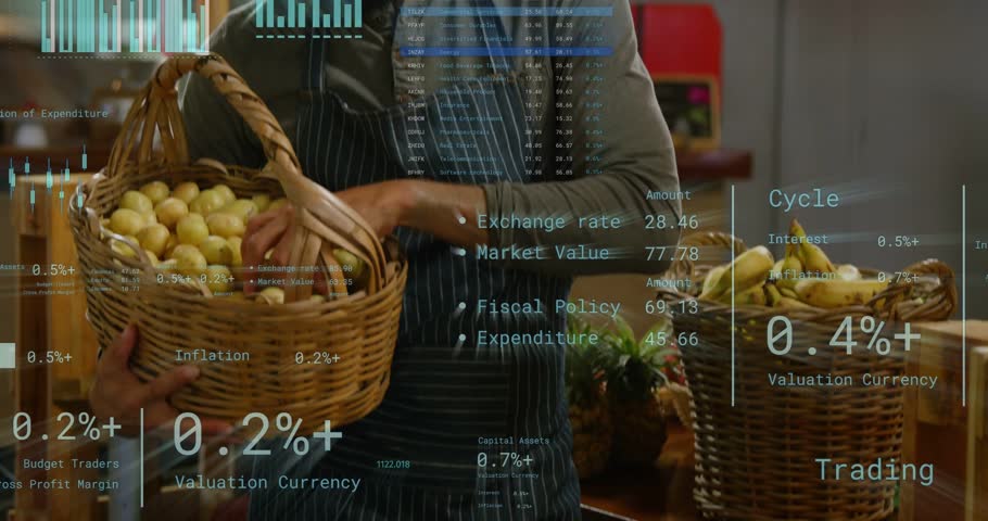 Male vendor reaching into basket checking potato for sale as finance charts overlaying over vendor. Market, stall, bearded, apron, merchant, warm, rustic