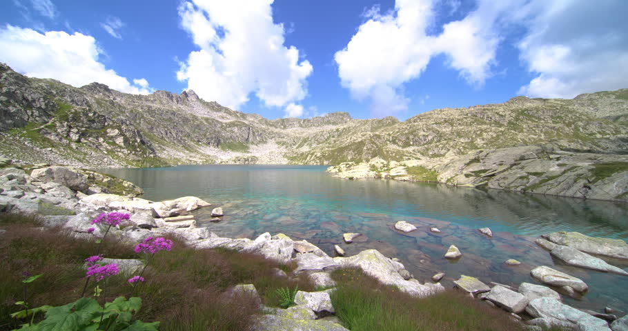 Blue sky and emerald-colored water on an alpine lake