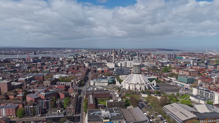Aerial view shows liverpool city centre skyline, Merseyside, England