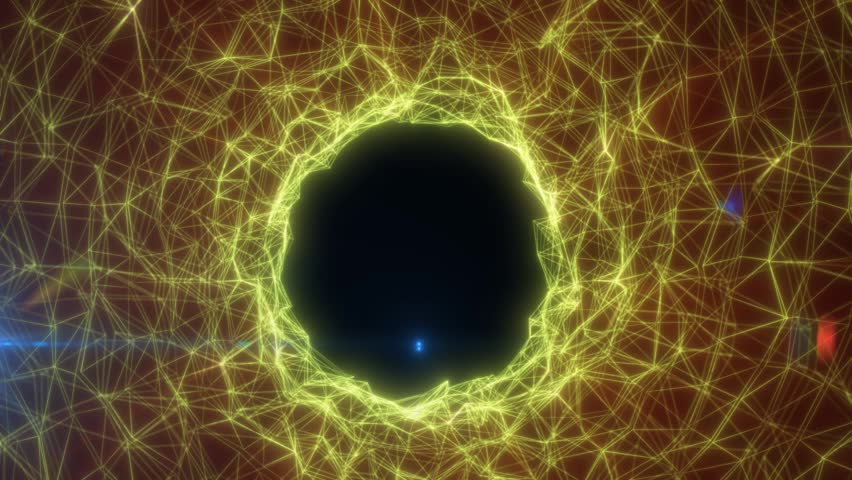 Abstract lime and yellow digital mesh surrounding a dark circular void, symbolizing neural networks, energy, and futuristic data systems.