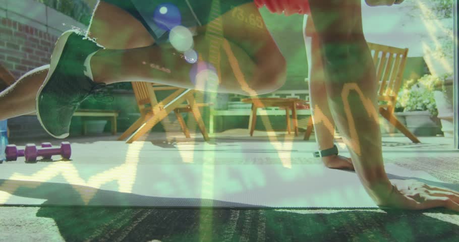 Man starting from plank and driving alternating knees for fitness on patio, ECG line over chest. Outdoor, hiit, exercise, cardio, terrace, lensflare, tracker