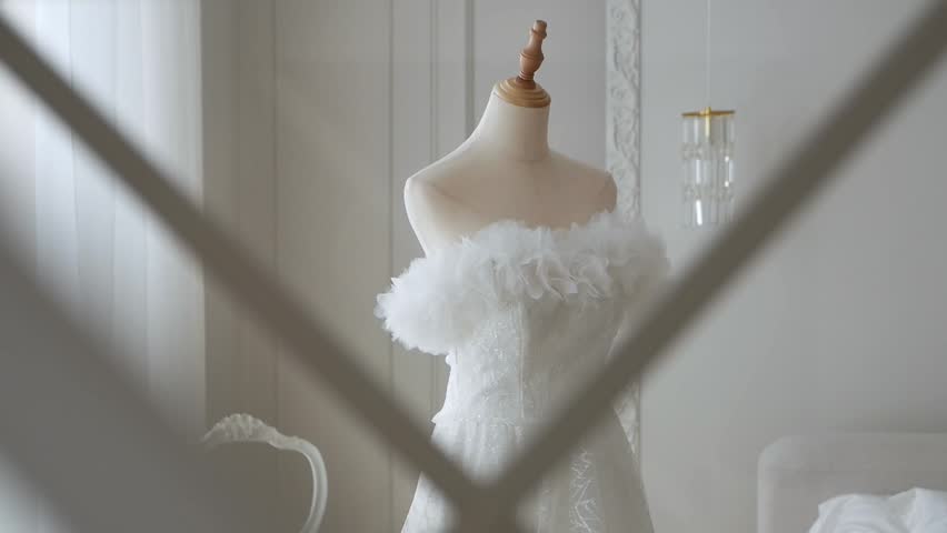 An elegant wedding dress on a mannequin stands in a bright room, a view through a small window. A luxurious room for a wedding ceremony.