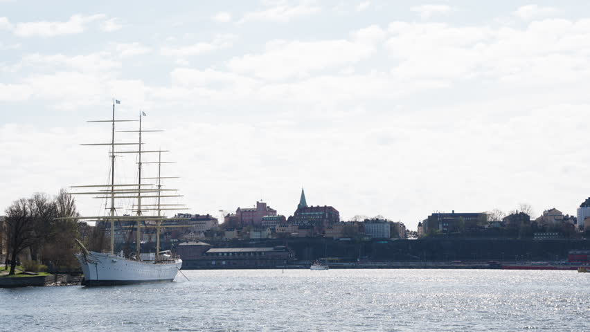 Wide shot of downtown Stockholm on a spring day