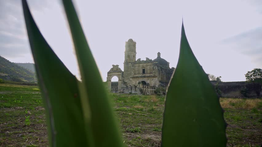 Revealing shot of the ruins of the ex hacienda Caxcantlain puebla, mexico, behind agave leaves