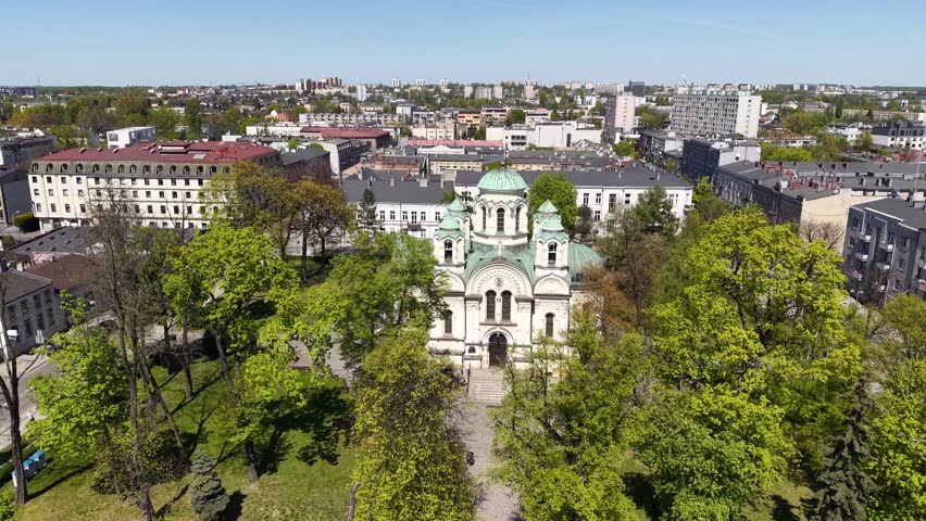Drone shot of Church of St. James the Apostle, Czestochowa, Poland