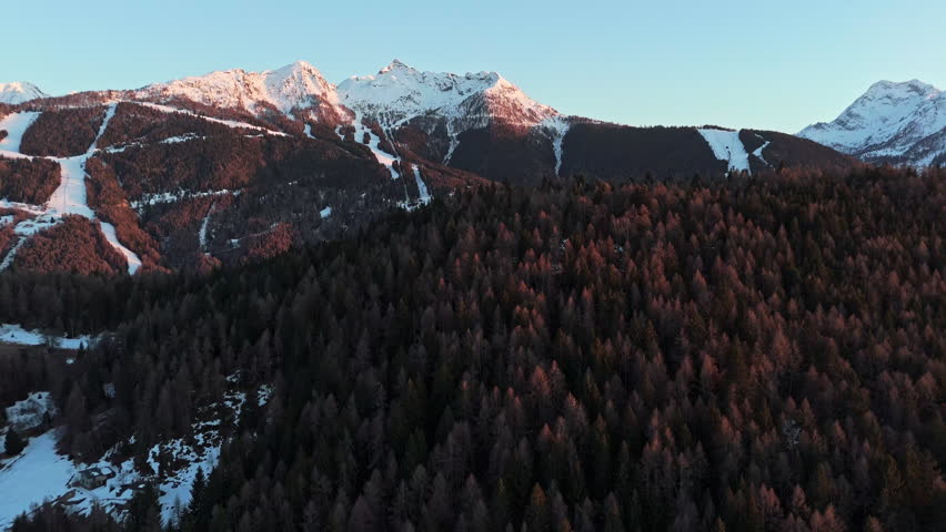 Sunrise over snowy Swiss Alps with serene winter forests below