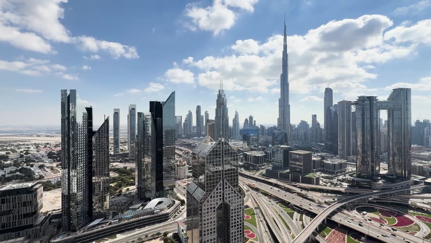 Panoramic view of Downtown Dubai skyline cityscape, United Arab Emirates