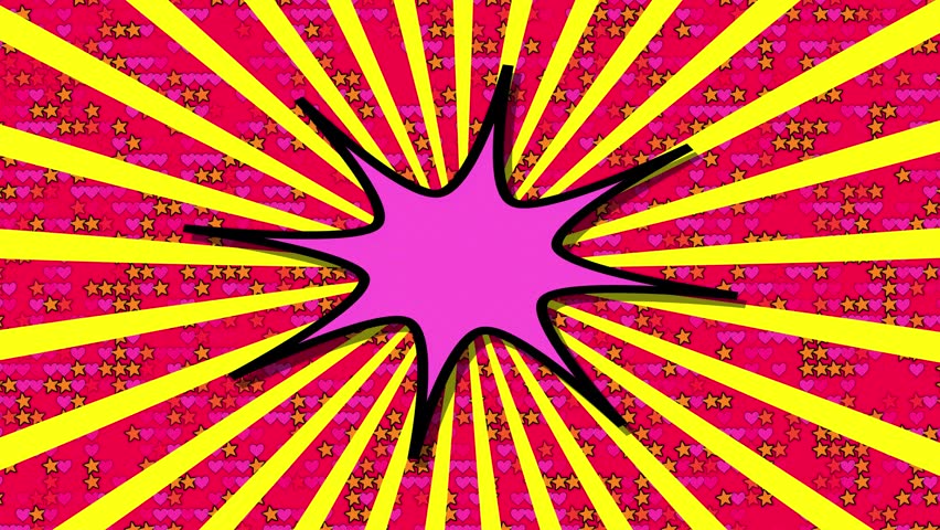 Vibrant Pop Art Comic Book Background Featuring An Empty Pink Speech Bubble Explosion At The Center. Bright Yellow Sunburst Rays Radiate Across A Red Field Filled With Playful Pink Hearts And Orange S