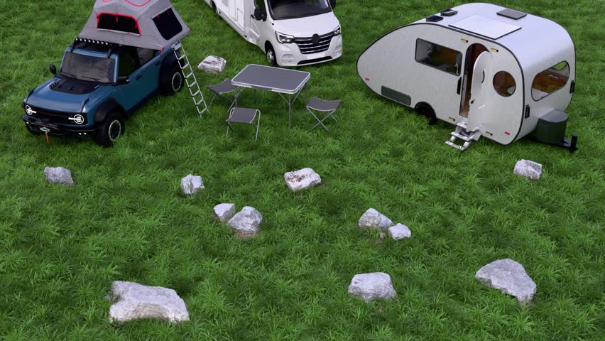 Aerial tents, RV and camper trucks at a campsite