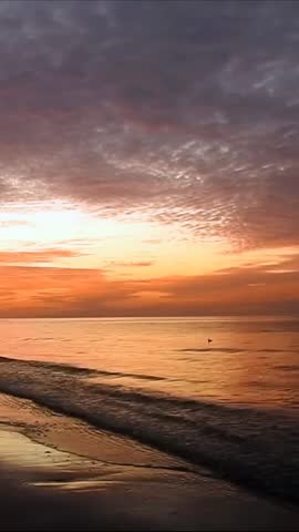 Vertical drone shot of gentle ocean waves on sandy beach during colorful sunset.