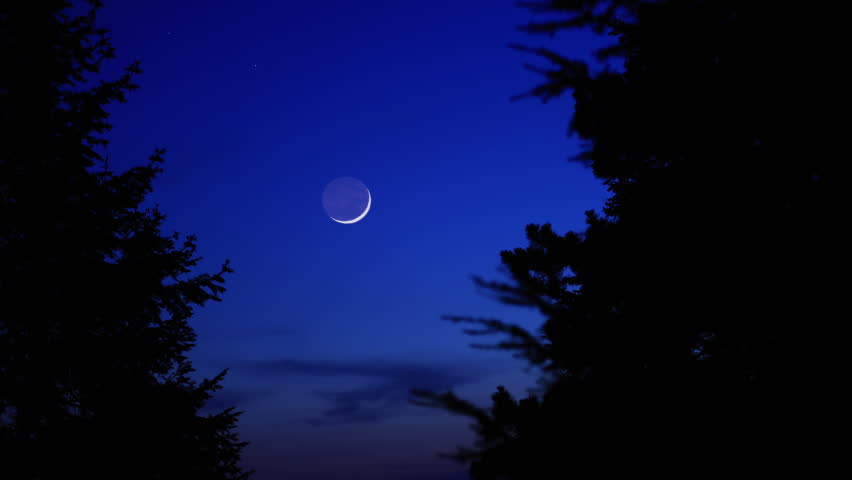 Blue hour time with crescent Moon, stars and planets above landscape silhouettes.