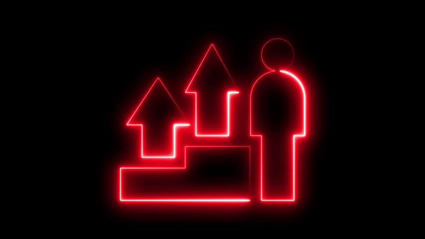 Red neon outline of a person standing next to ascending steps with arrows pointing upwards symbolizing career advancement and personal development