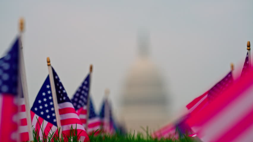 US flags at Capitol dome. United States Capitol and American flag. American flag in front of Capitol. USA government with American flag. Capitol Hill by American flags.