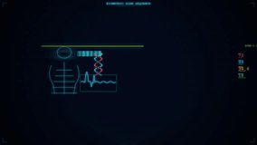 High-tech biometric scanning HUD overlay featuring holographic body wireframe, volumetric scan beam, real-time EKG cardiac waveform, DNA double helix animation, vital sign metrics with bar indicators, - Powered by Shutterstock - Get 15% off with code: PIKWIZARD15
