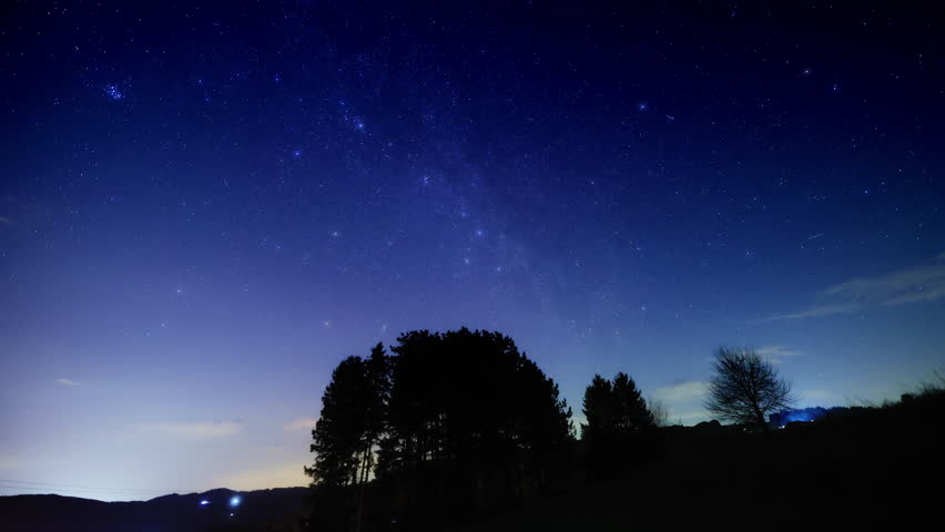 Milky Way stars on a dark countryside skies. Time-lapse video.