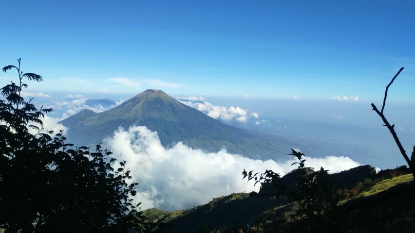 View of plants in the mountains with Mount Sindoro in the background, taken from the slopes of Mount Sumbing.