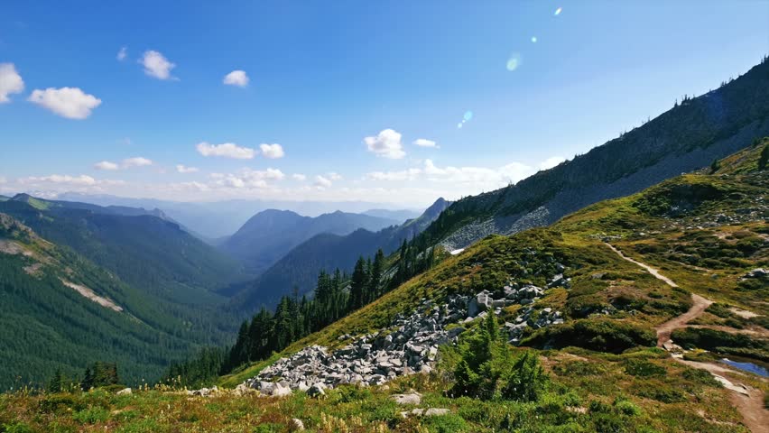 summer panoramic view from the steep Pinnacle Peak Trail saddle across a lush, forested valley in the Tatoosh Range, Mount Rainier National Park, Washington State, USA. The trail is known for its stun