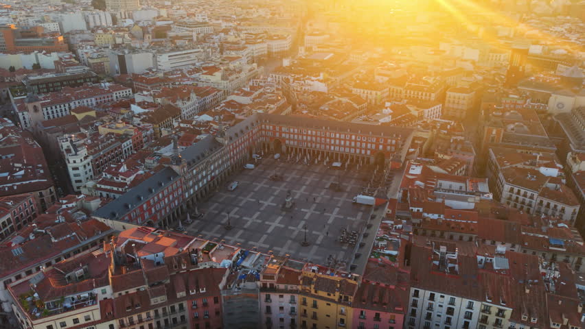 Aerial view of Plaza Mayor At Madrid. Spain. Medieval Buildings Landscape. Downtown District. Madrid At Community Of Madrid Spain. 