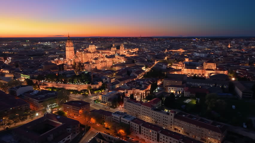 Aerial view of Famous Church In Center Of Old Beautiful Town Of Salamanca, Spain