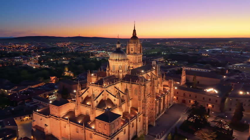 Aerial view of Famous Church In Center Of Old Beautiful Town Of Salamanca, Spain