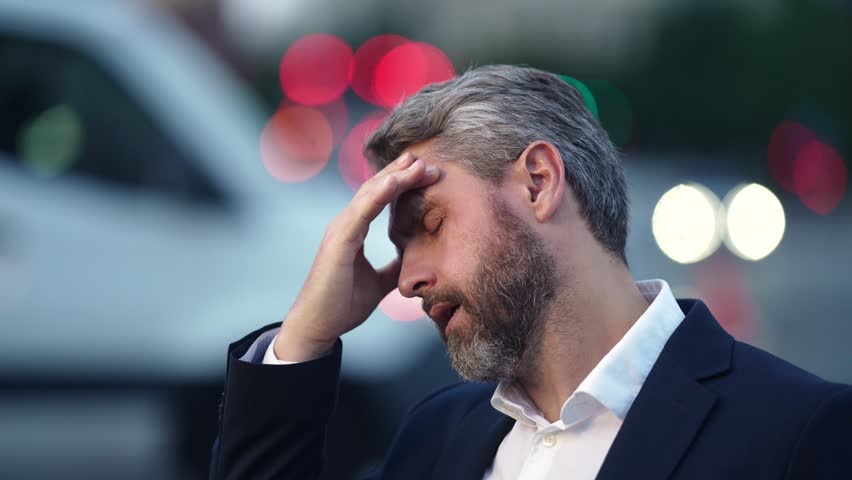 Businessman suffering from mental fatigue. Pressure and responsibility concept portrait. Man with headache and blurred city background. Corporate stress and emotional struggle.