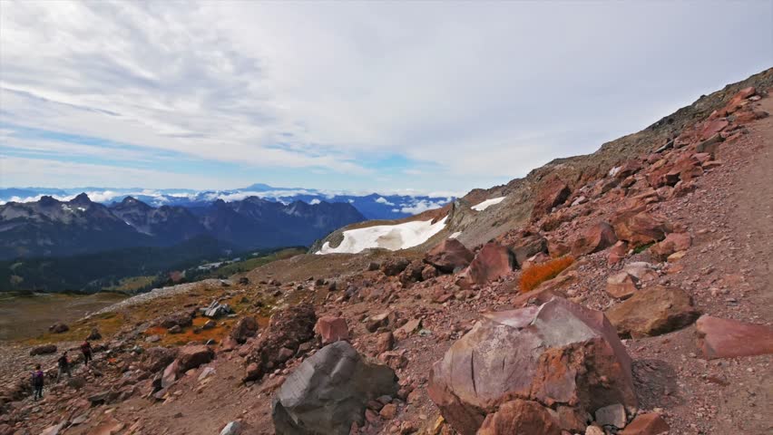 Footage showing the rugged alpine terrain and stunning views of the Tatoosh Range from the Skyline Trail to Panorama Point in Mount Rainier National Park, Washington. This popular hiking destination o