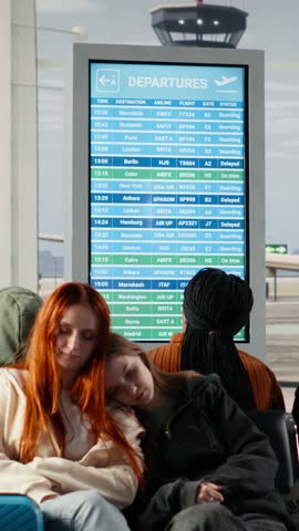 Vertical video Worried tourists in airport distressed by plane delays shown on departure board screen. Passengers alarmed by canceled flights announcement on electronic schedule display, berating